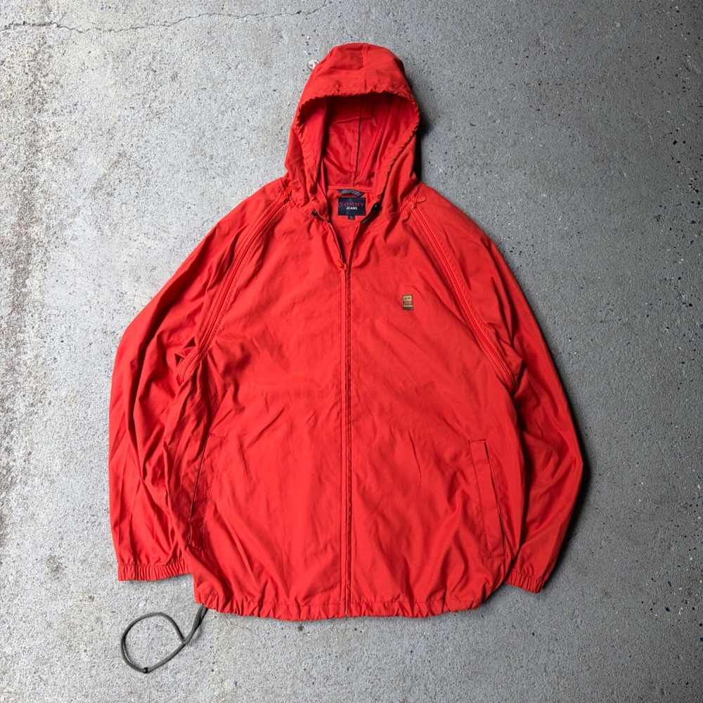 Tommy Jeans Mens Red Hooded Windbreaker Jacket Zip Off Sleeves Large